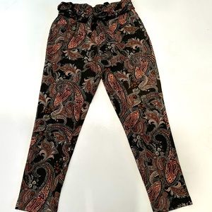 SOHO Apparel Women’s Paisley Paperbag Pleated Olive Green Trouser Pants Size M